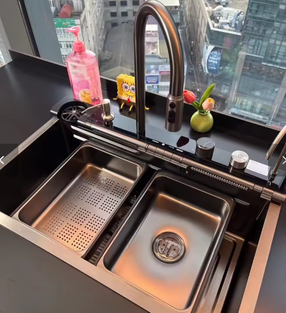 Double waterfall single bowl sink handmade stainless steel durable and scratch resistant smart kitchen Hanicom sink